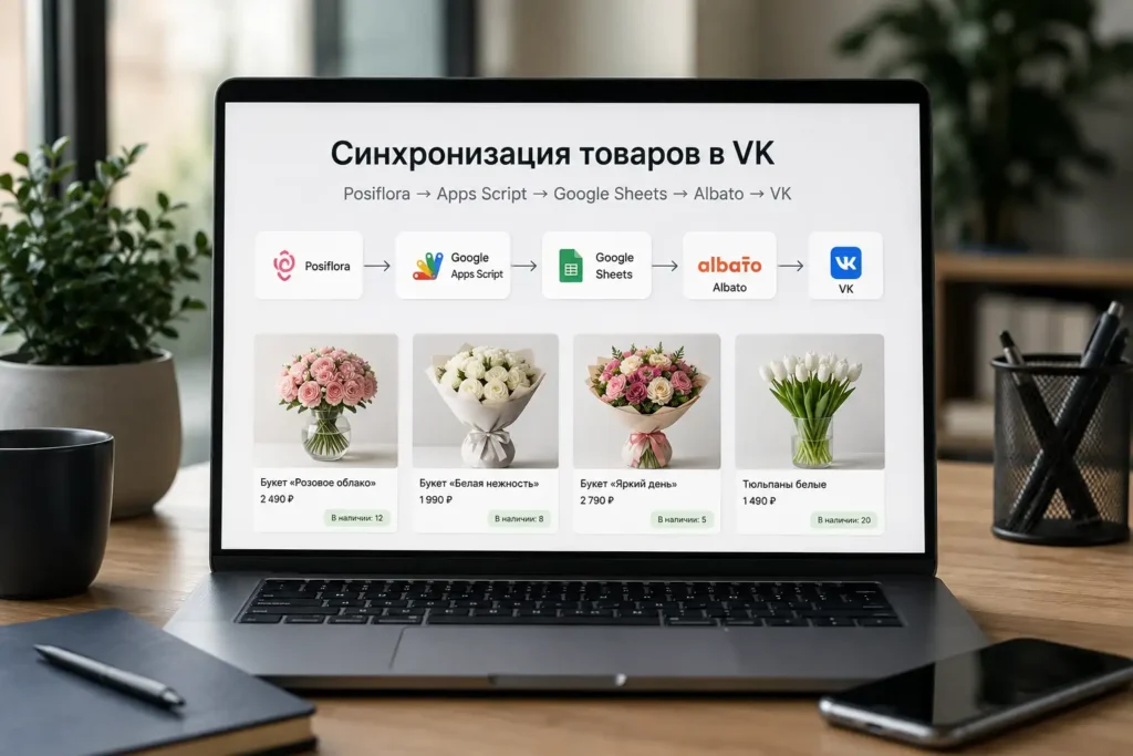 Схема синхронизации товаров Posiflora с ВКонтакте через Google Apps Script, Google Sheets, webhook Albato и VK