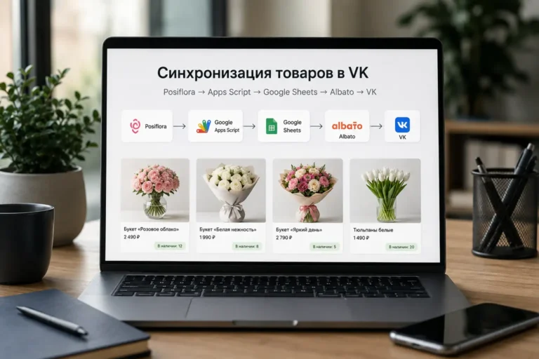 Схема синхронизации товаров Posiflora с ВКонтакте через Google Apps Script, Google Sheets, webhook Albato и VK