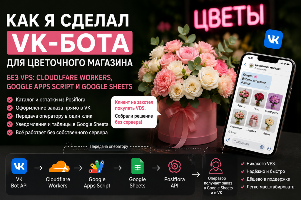 Как я сделал VK-бота для цветочного магазина без VPS: Cloudflare Workers, Google Apps Script и Google Sheets