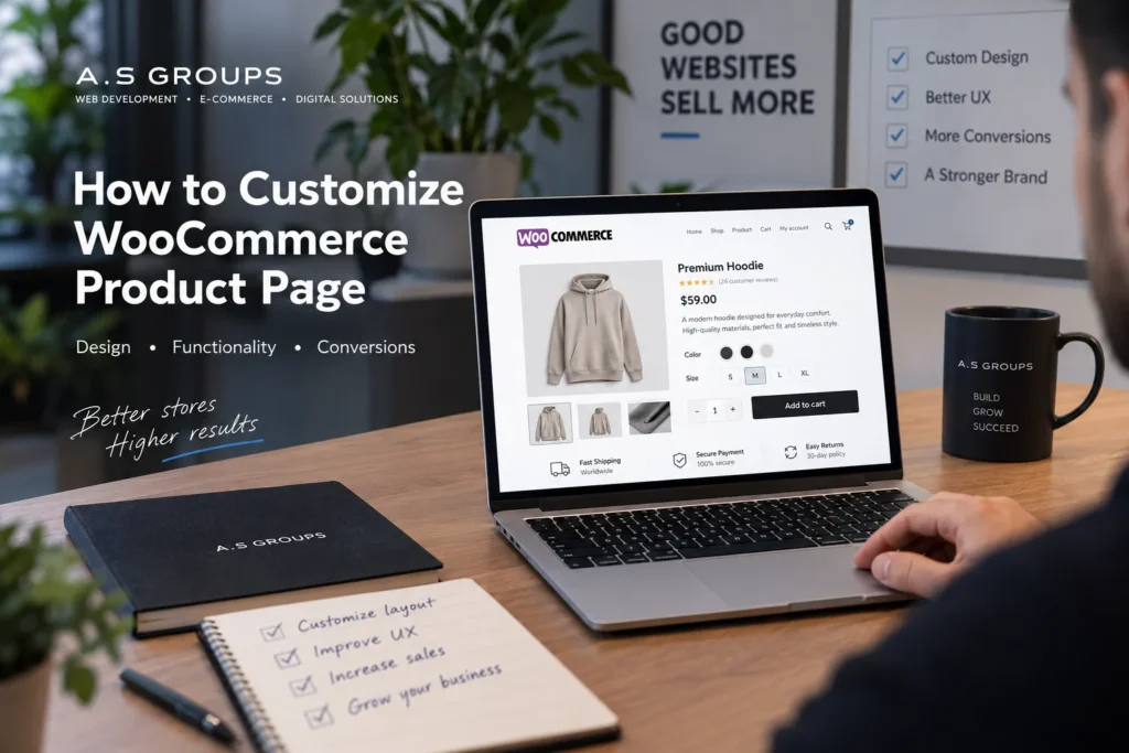 Кастомизация карточки товара WooCommerce: интерфейс интернет-магазина на ноутбуке и рабочее место разработчика